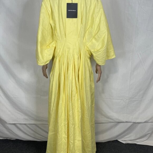 NEW FOREVER AMELIA Ruth Pleated Midi Dress Yellow Size US 20 / UK 24 | Linen - Picture 2 of 6